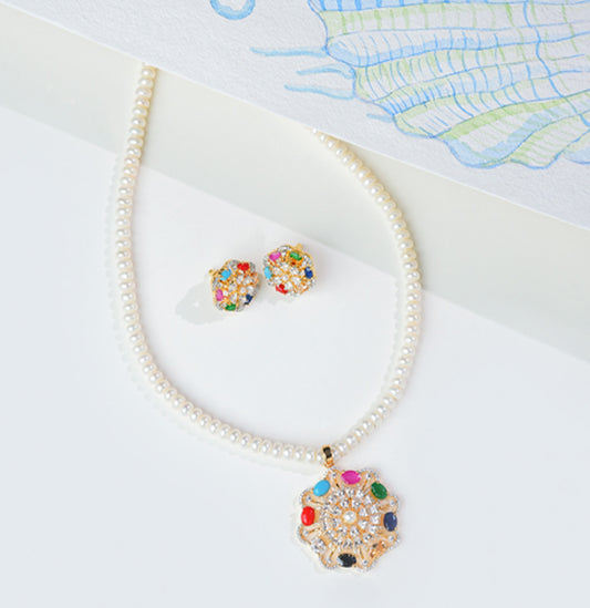Dainty Navratna Multicolor Freshwater Pearl Necklace Set