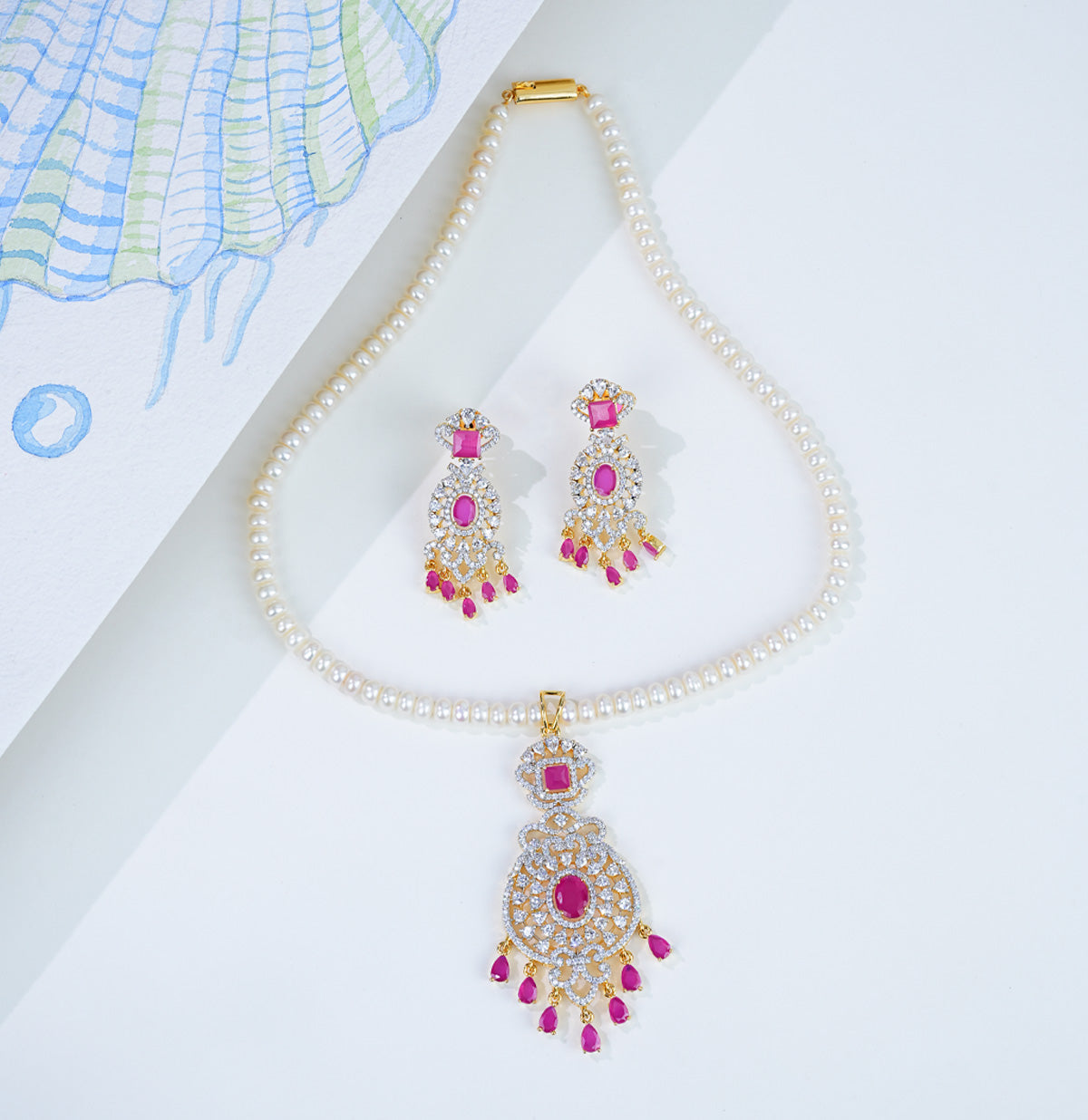 Cherished Red Stone Freshwater Pearl Necklace Set