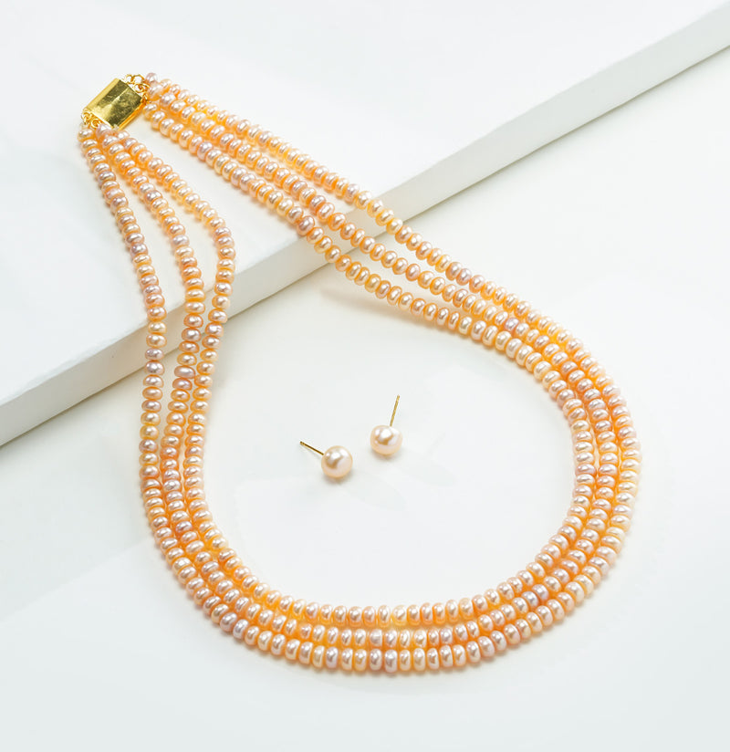 3.0-4.0mm Pink Button Freshwater Pearl Necklace Set - AA Quality