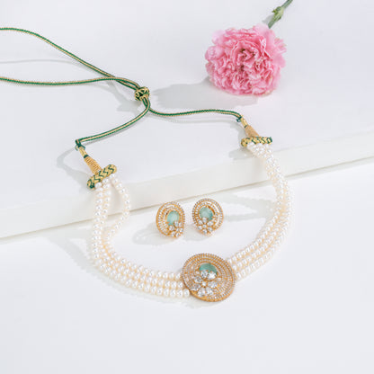 Adorable Green Stone Freshwater Pearls Choker Set