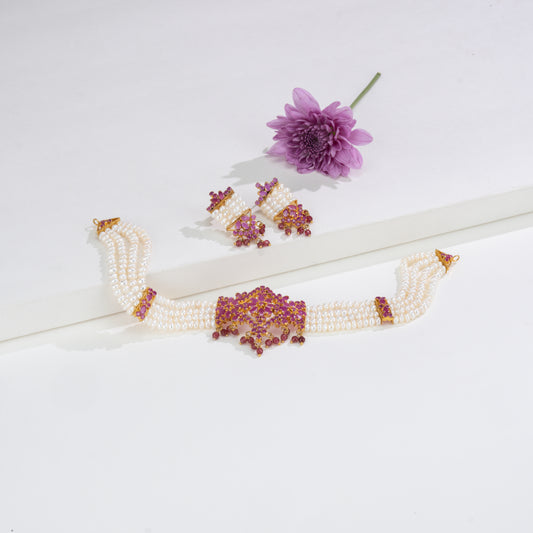 Sparkling Red Stone Freshwater Pearl Choker Set