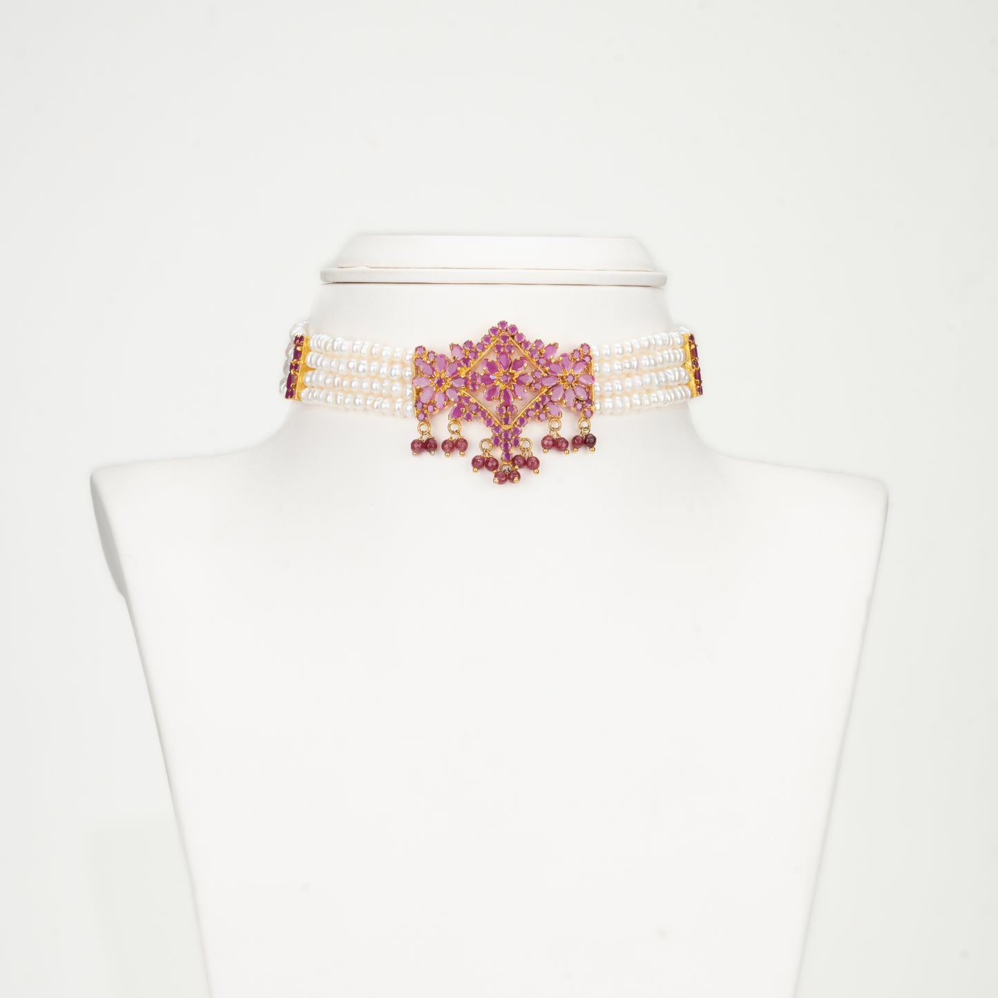 Sparkling Red Stone Freshwater Pearl Choker Set