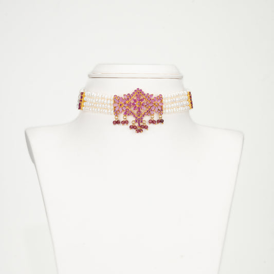 Sparkling Red Stone Freshwater Pearl Choker Set