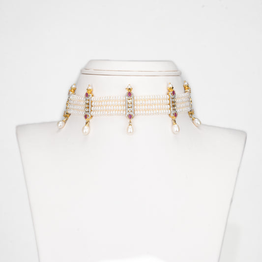 Sparkling Red Stone Freshwater Pearl Choker Set