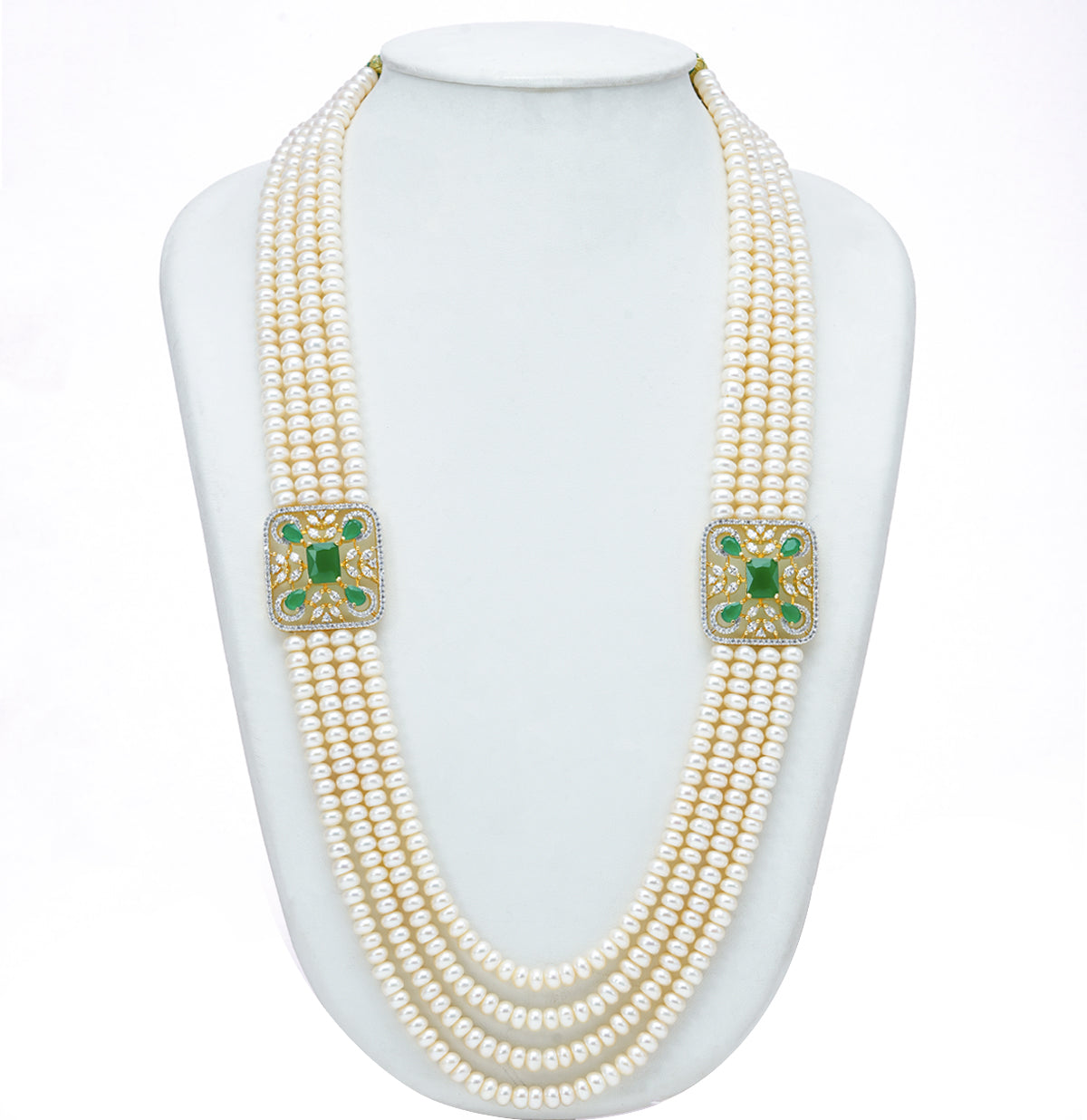 Innovative Green Stone  Side Pieces Freshwater Pearl Necklace Set