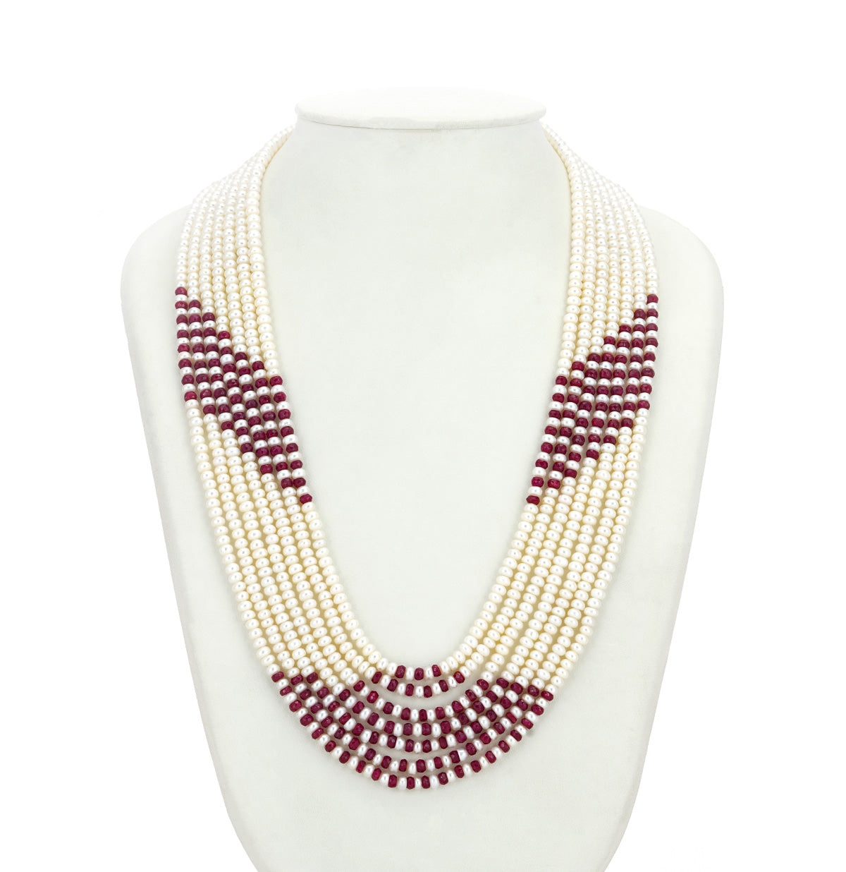 Ethereal Natural Ruby And 3.0-4.0mm Button Freshwater Pearl Mix Necklace Set- AAA Quality