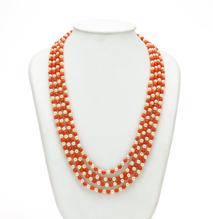 Natural Coral And 5.0-6.0mm Golden Saltwater Akoya Pearls Necklace Set-AAA Quality