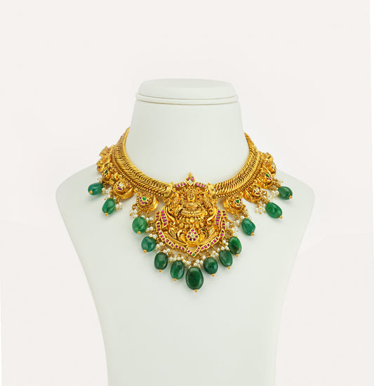 Designer Laxmi Devi Emerald Gold Stone Necklace