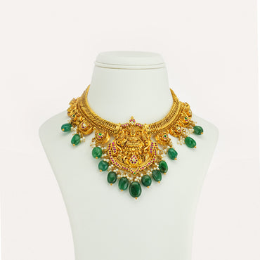 Designer Laxmi Devi Emerald Gold Stone Necklace