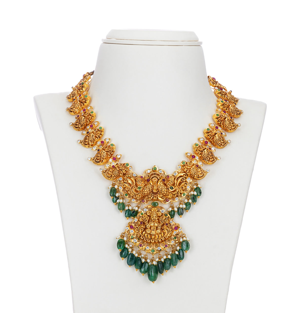 Traditional Ruby Emerald Gold Stone Necklace Set