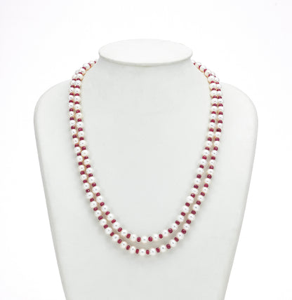 Natural Ruby And 6.0-7.0mm White Near Round Freshwater Pearl Necklace Set AA Quality