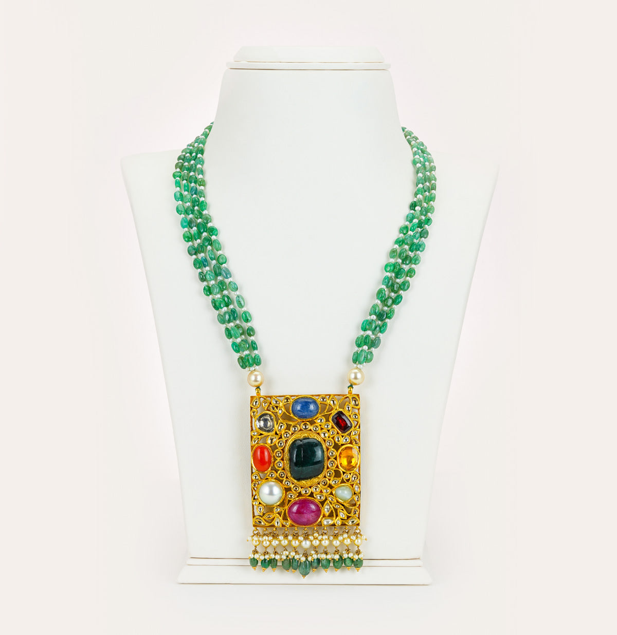 Sparkling Navratan Emerald Pearl Necklace