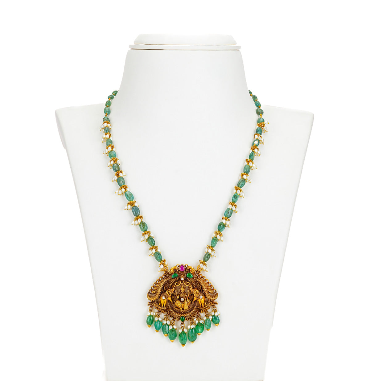 Resonant Gold Laxmi Devi Emerald Stone Necklace