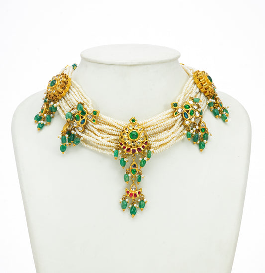 Textured Kundan Polki Pearl  Emerald Choker