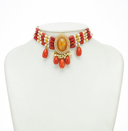 Modern Coral Stone Pearl Choker