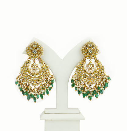 Dramatic Polki Emerald with Pearl Gold Chand Bali