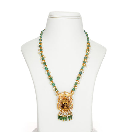 Gleaming Laxmi Devi Gold Emerald Stone Necklace