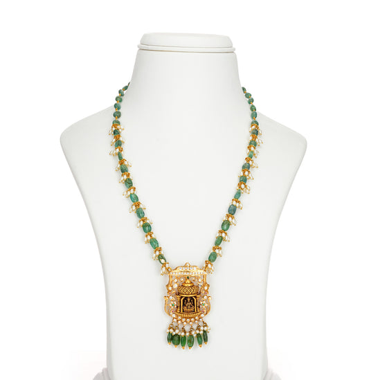 Gleaming Laxmi Devi Gold Emerald Stone Necklace