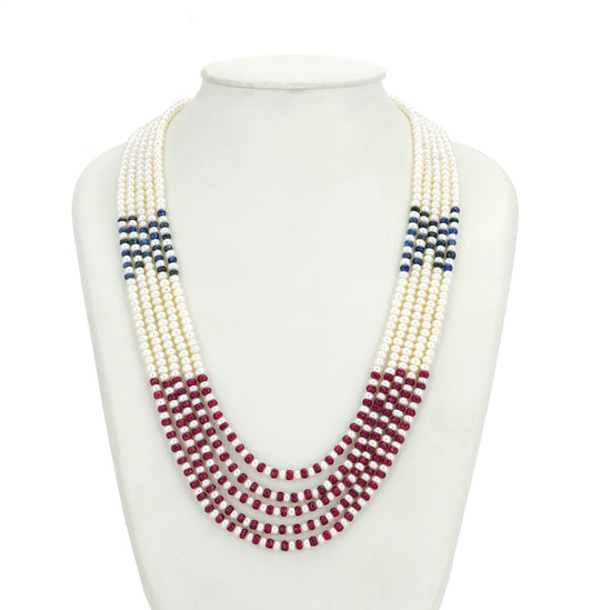 Natural Mix Ruby & Sapphire 3.0-4.0mm Button Freshwater Pearl Necklace Set - AAA Quality