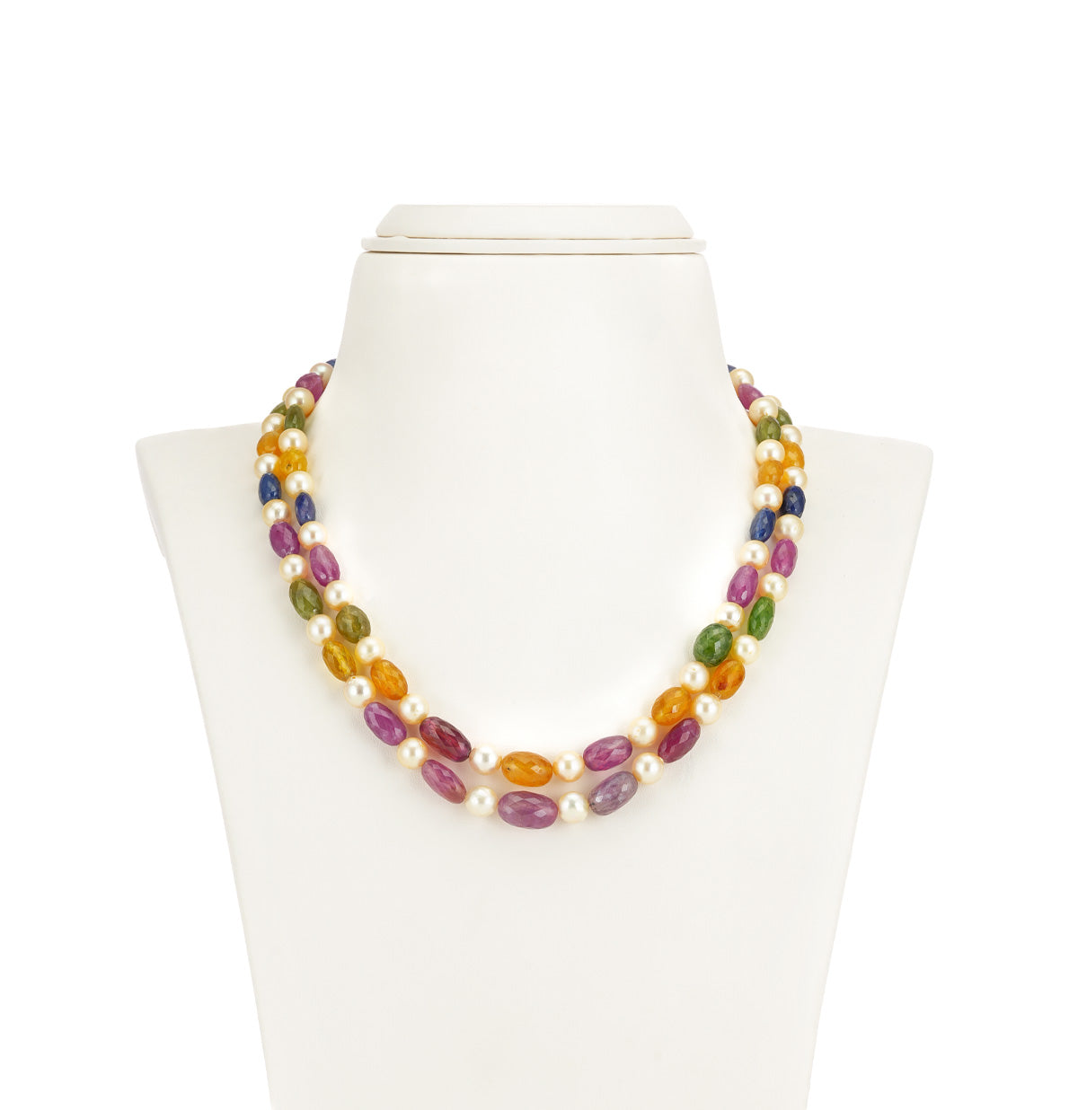 Natural Navaratan  Beads and 7.0-8.0mm Cream Akoya Pearls Necklace Set - A Quality