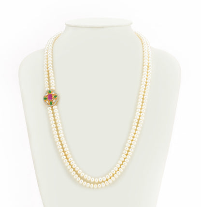 Unique Red Green Stone Side Piece Freshwater Pearl Necklace Set