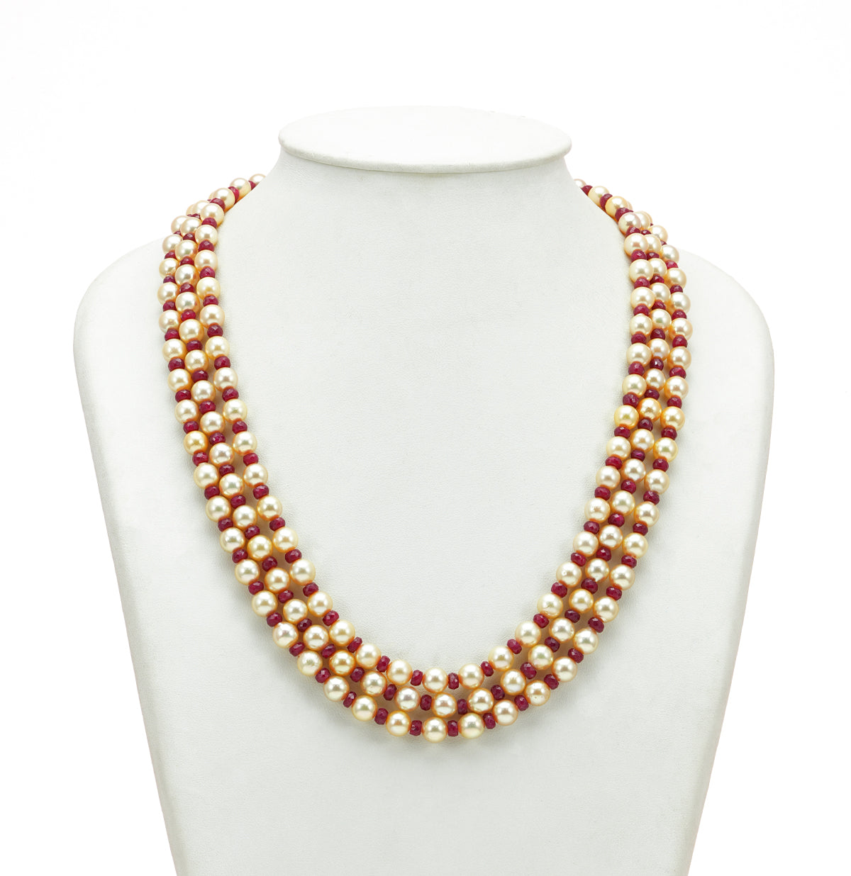 Natural Ruby And 6.0-7.0mm Golden Saltwater Akoya Pearls Necklace Set - A Quality