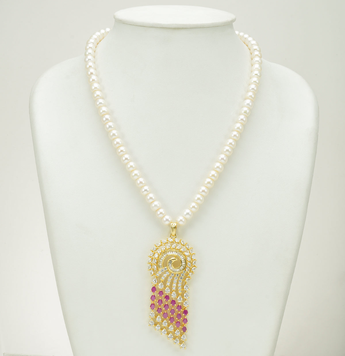 Designer Red Stone Freshwater Pearls Necklace Set