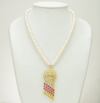 Designer Red Stone Freshwater Pearls Necklace Set