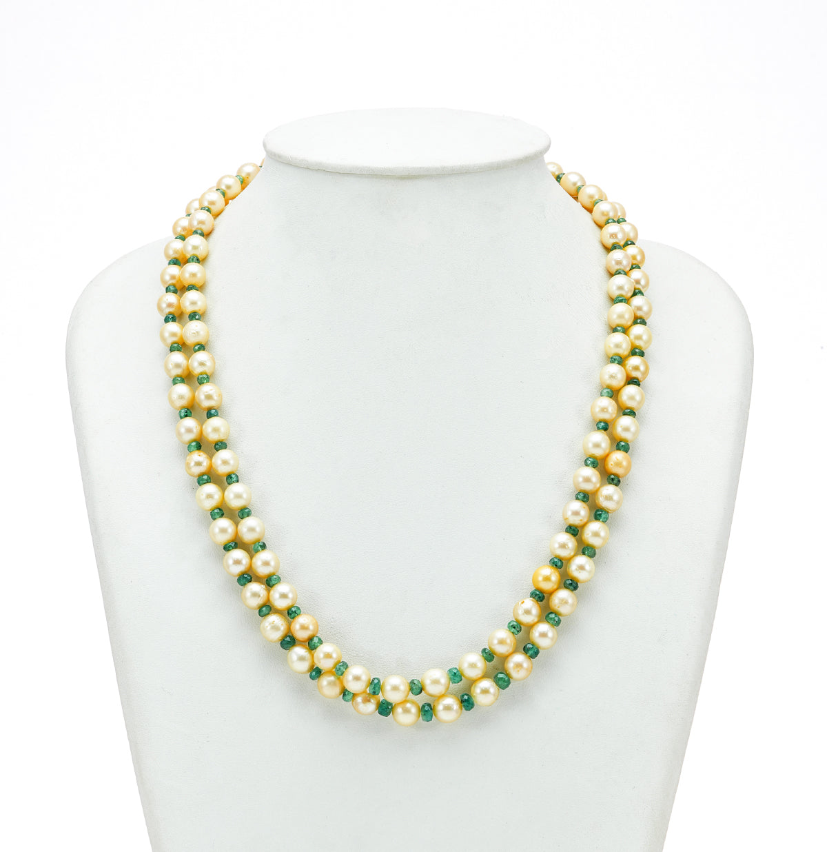 Natural Emerald and Golden  Akoya SaltwaterPearls Necklace Set - A Quality