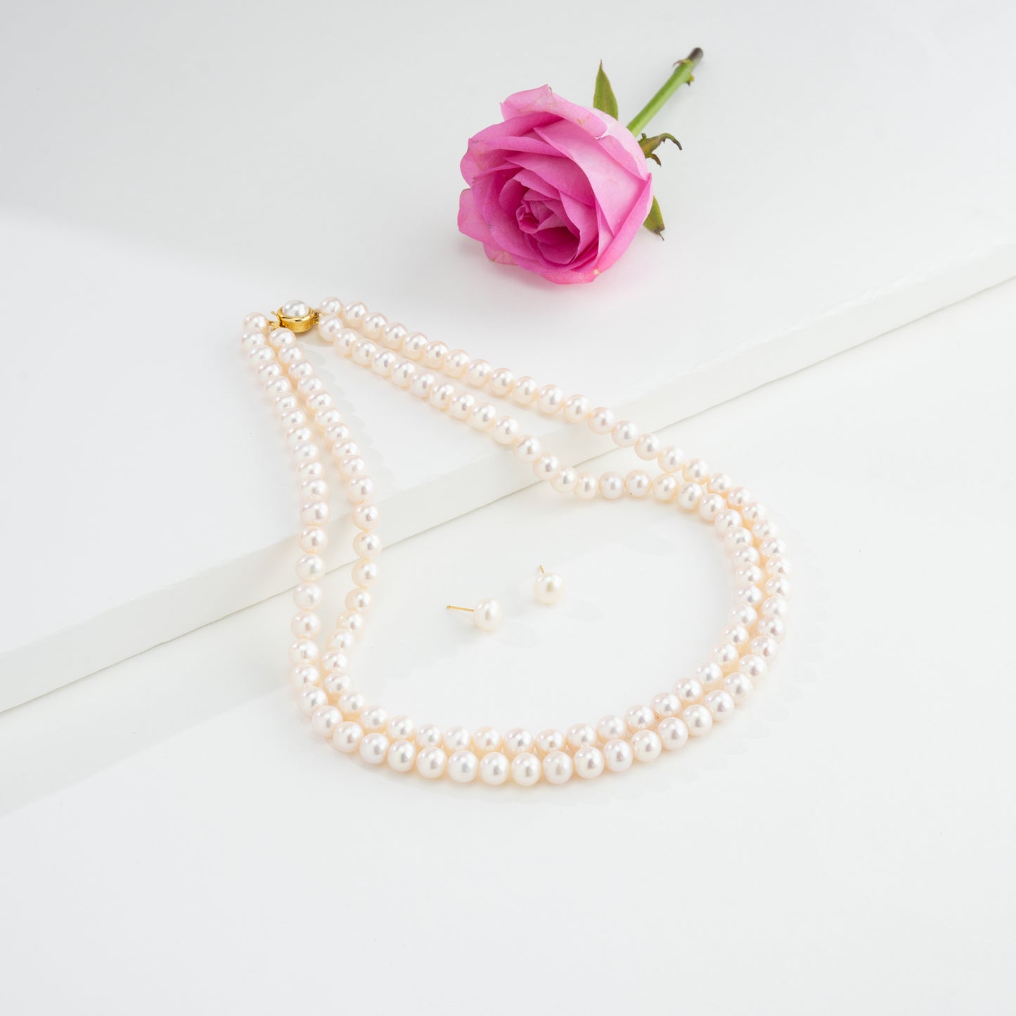 7.0-8.0mm White Round Freshwater Pearl Necklace Set - AAA Quality