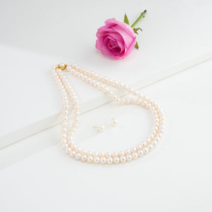 7.0-8.0mm White Round Freshwater Pearl Necklace Set - AAA Quality