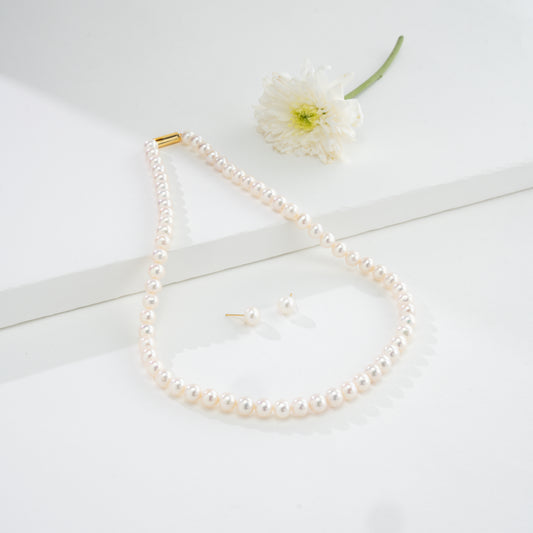 7.0-8.0mm White Round Freshwater Pearl Necklace Set - AAA Quality