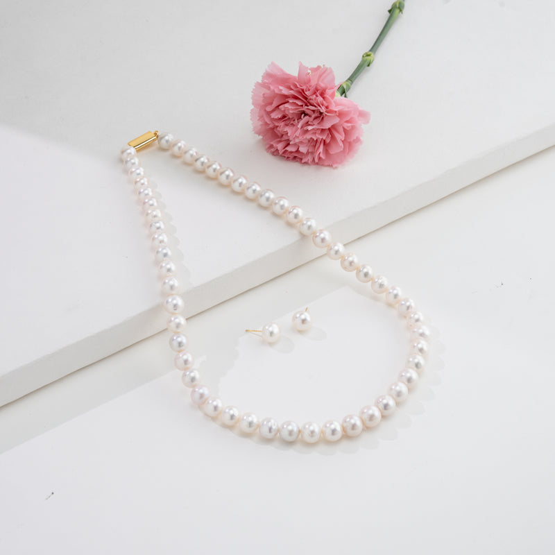 9.0-10.0mm White Round Freshwater Pearl Necklace Set - AAA Quality