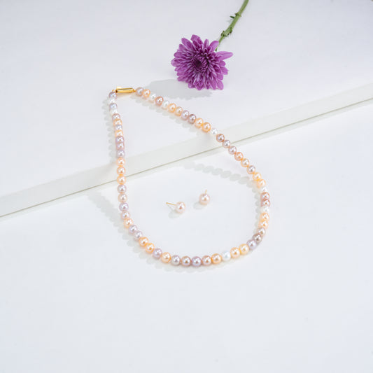 7.0-8.0mm Multicolor Round Freshwater Pearl Necklace Set - AAA Quality