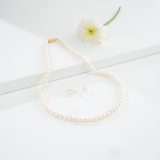 6.0-7.0mm White Round Freshwater Pearl Necklace Set - AAA Quality
