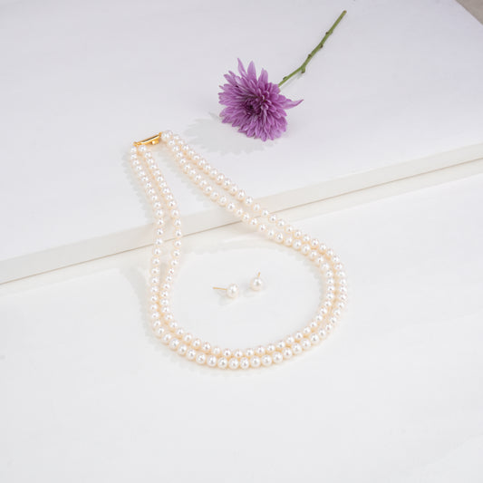 6.0-7.0mm White Round Freshwater Pearl Necklace Set - AAA Quality