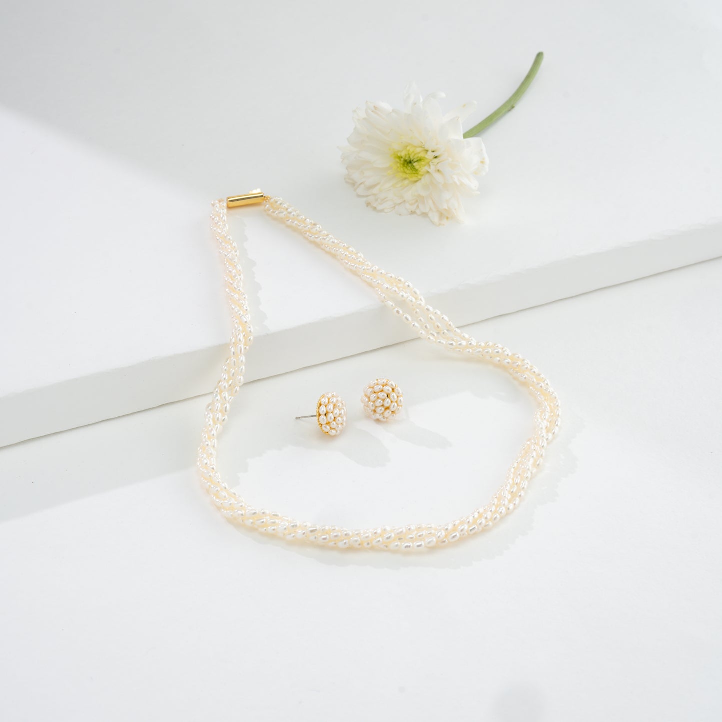 3.0-4.0mm White Rice Freshwater Pearl Necklace Set - AAA Quality