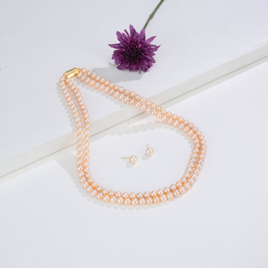 6.0-7.0mm Pink Round Freshwater Pearl Necklace Set - AAA Quality