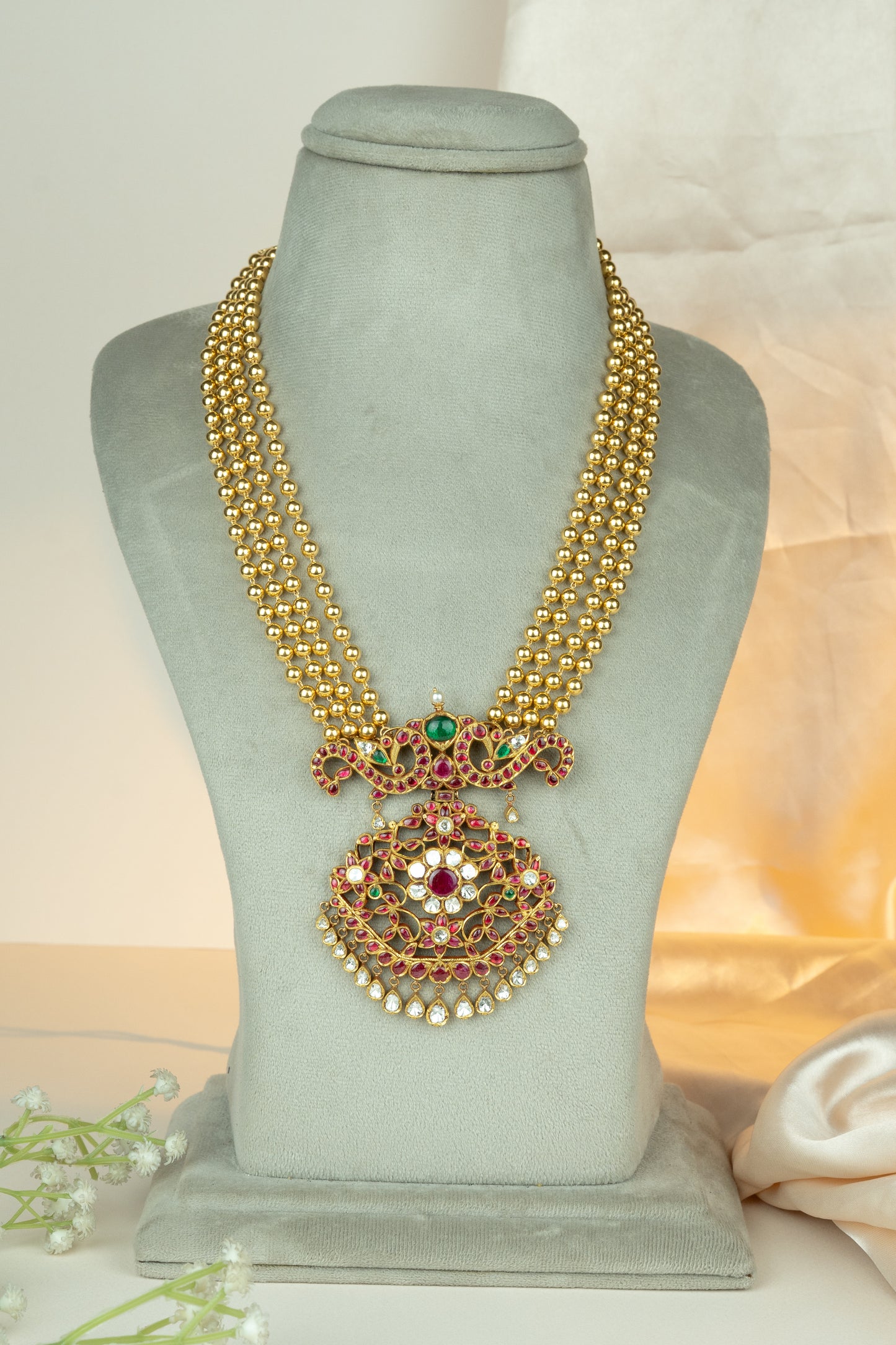Royal Ruby & Emerald Gold Long Kundan Necklace