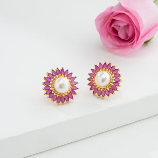 Floral Red Stone Freshwater Pearl Stud Earrings