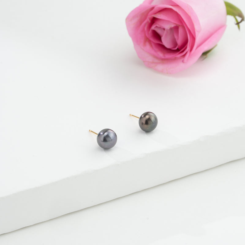 Dark Blue Button Freshwater Pearl Stud Earrings