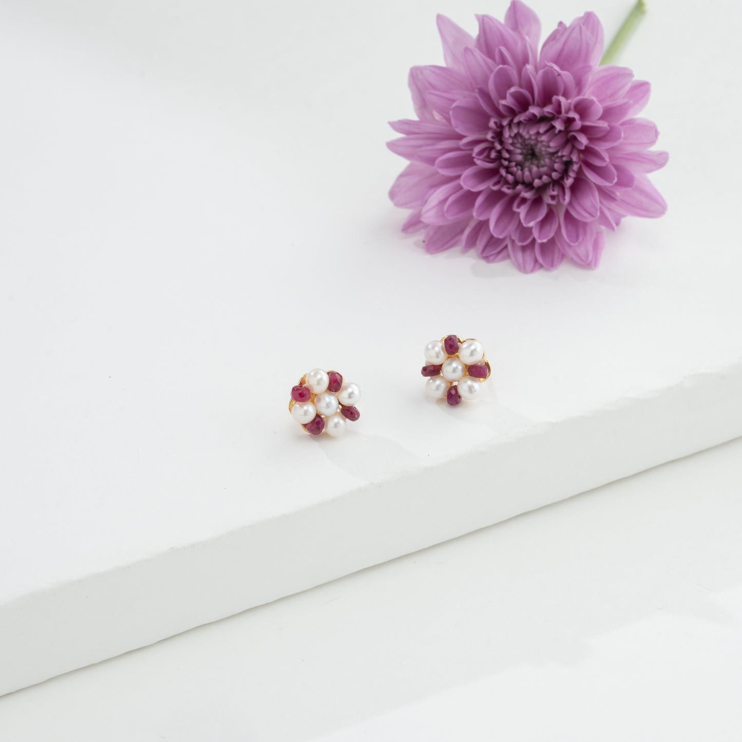 Natural Ruby Near Round White Freshwater Pearl Stud Earrings