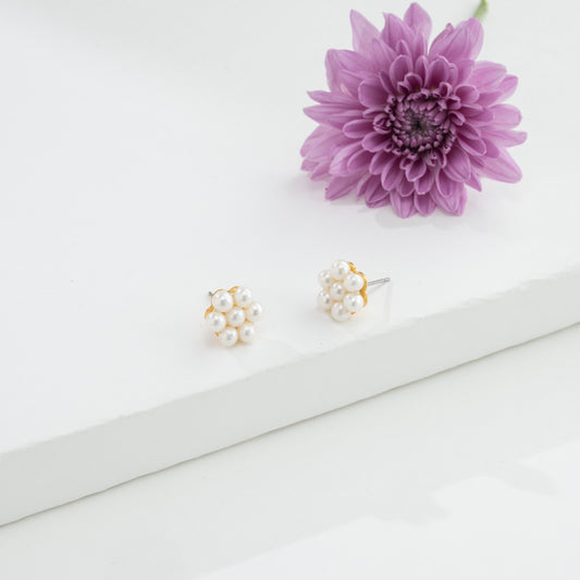 Floral White Round Freshwater Pearl Stud Earrings