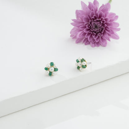 Natural Emerald Near Round Freshwater Pearl Stud Earrings