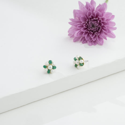 Natural Emerald Near Round Freshwater Pearl Stud Earrings
