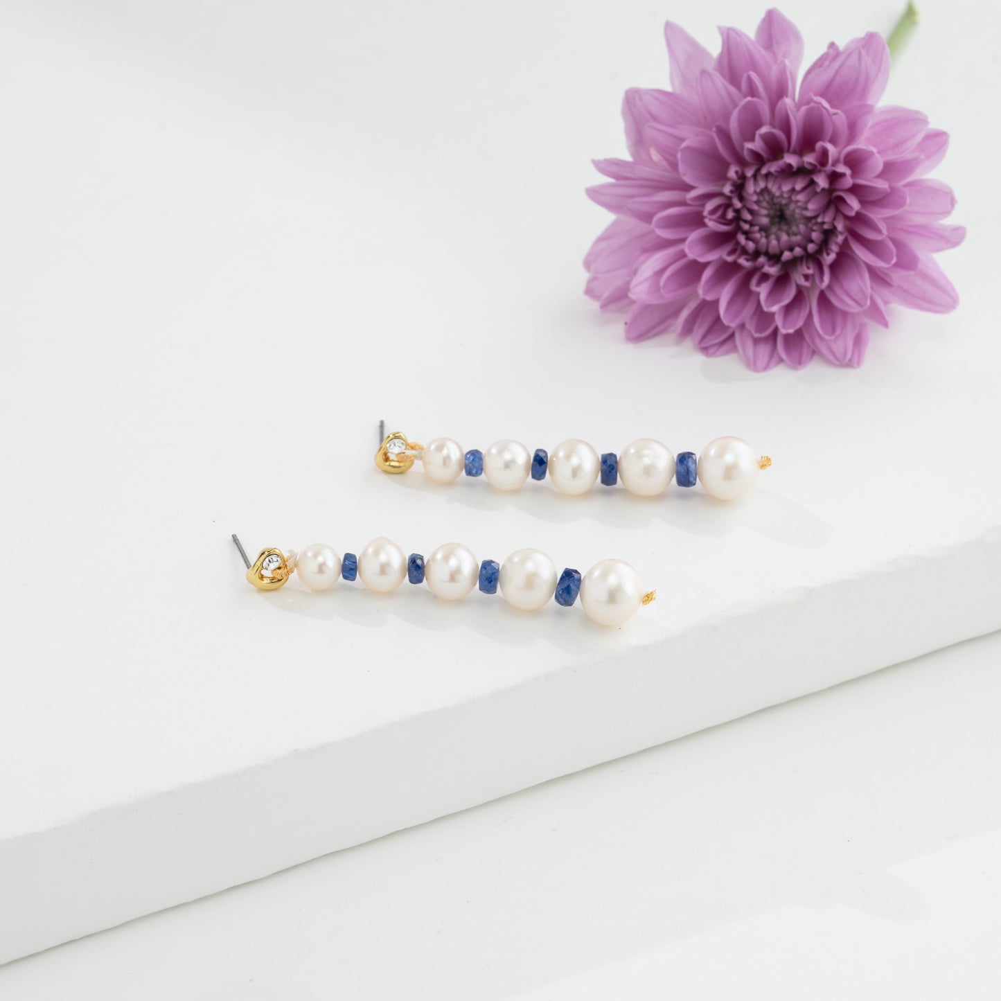 Natural Blue Sapphire Near Round White Grading Freshwater Pearl Hanging Earrings