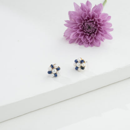 Natural Blue Sapphire Near Round White Freshwater Pearl Stud Earrings