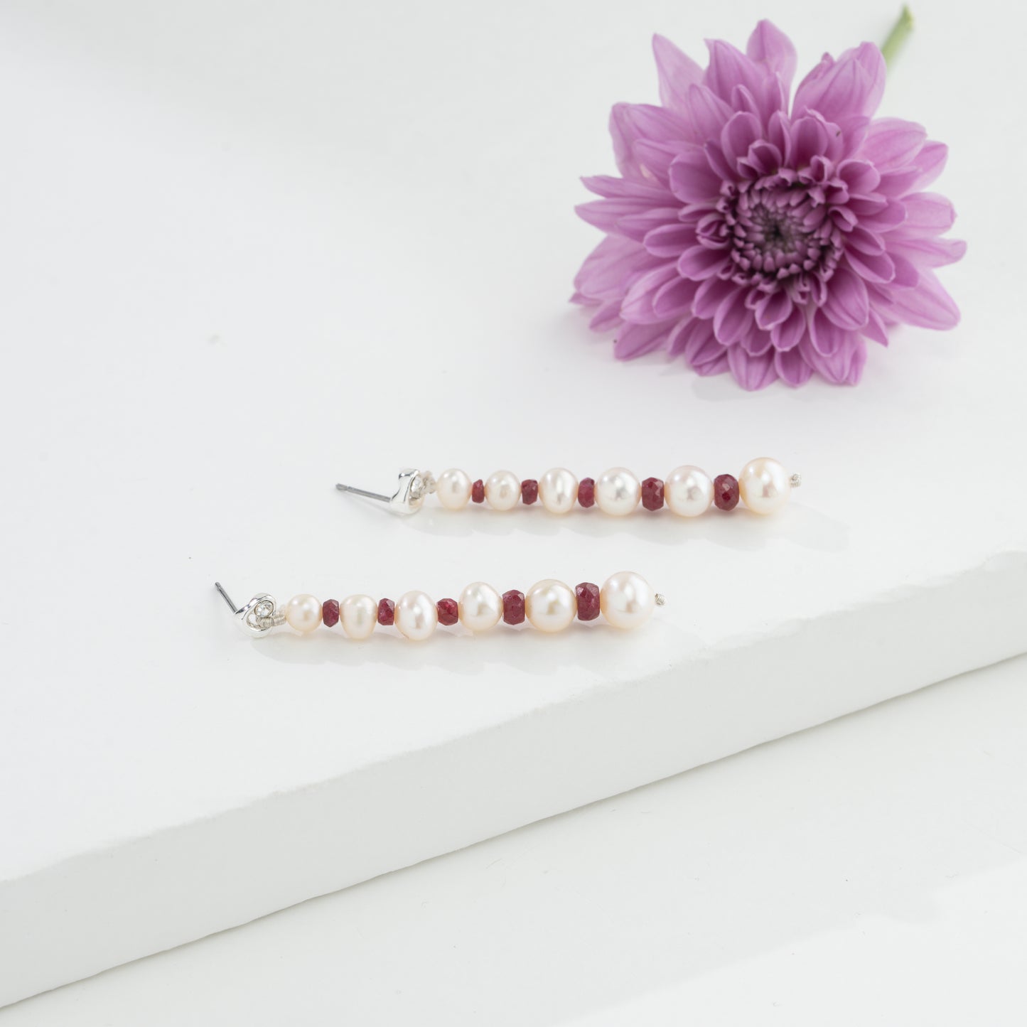 Natural Ruby And Near Round White Grading Freshwater Pearl Hanging Earrings