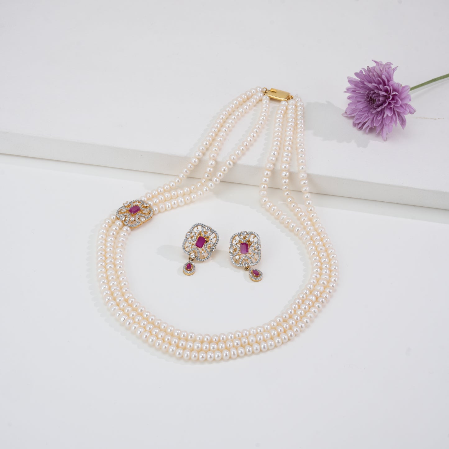 Stunning Red Stone Side Piece Freshwater Pearl Necklace and Earring Set