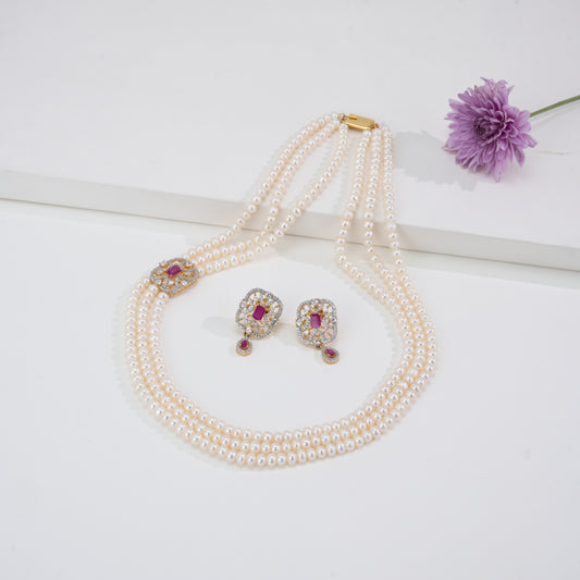 Stunning Red Stone Side Piece Freshwater Pearl Necklace and Earring Set